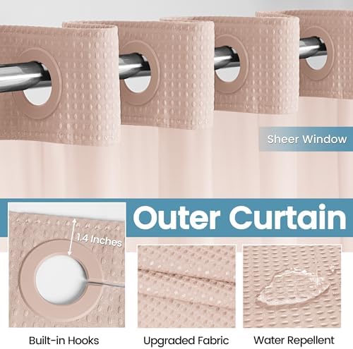 Heavyweight Waffle No Hook Shower Curtain with Liner, Blush Pink, 71x74