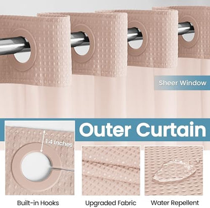 Heavyweight Waffle No Hook Shower Curtain with Liner, Blush Pink, 71x74