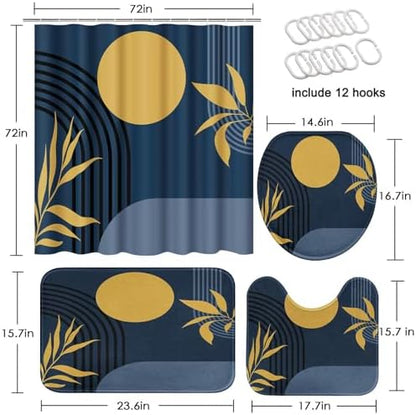 Boho Bathroom Sets with Shower Curtain and Rugs, 4 Pcs, Abstract