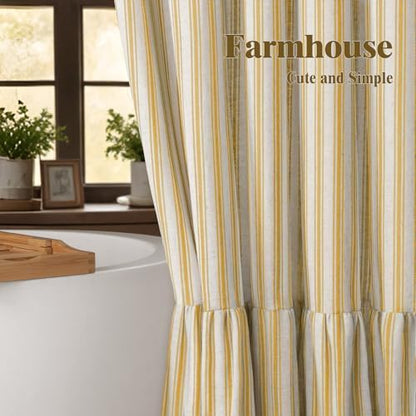 Farmhouse Shower Curtain Ruffle Linen Cream-Yellow Stripe 72"W x 72"L