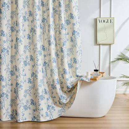Warmstar Farmhouse Shower Curtain,Blue Floral Shower Curtain for Bathroom Linen Look Vintage Shower Curtain with Weighted Hem,72" W x 78" L