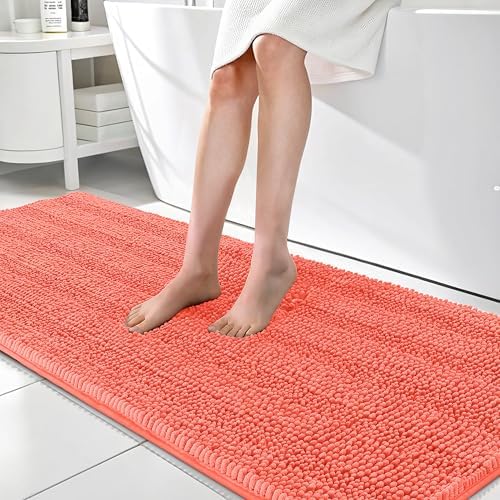 OLANLY Thick Bathroom Runner Rugs 70x24, Chenille Long Bath Rugs, Coral