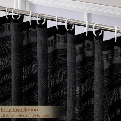 OVZME Extra Long Black Shower Curtain 96 Inch Long, Boho Linen Textured Soft Fabric Heavy Duty Cloth Bathroom Shower Curtain with Tassel, Tall Farmhouse Luxury Bath Decor, 72Wx96L Inches