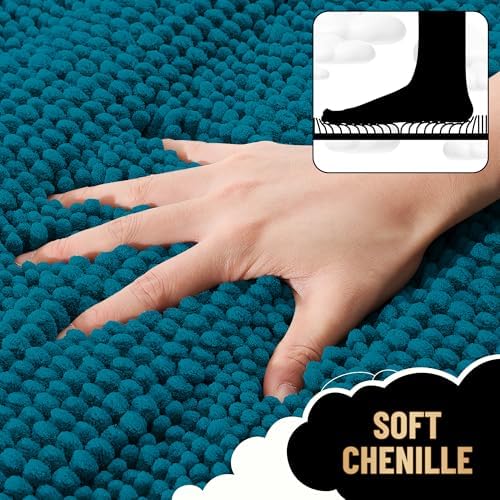 OLANLY Thick Bathroom Rugs 30x20, Chenille Striped Bath Rugs, Peacock Blue