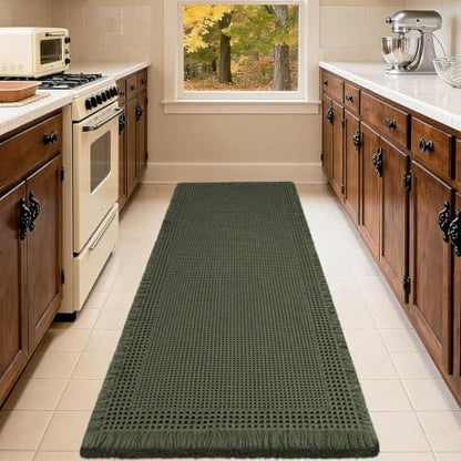 Waffle Bath Mat, Boho Woven Modern Bath Rug Absorbent Non Slip, Ultra Soft Bathroom Mats, Machine Washable Knit Bath Rugs with Herringbones for Bathroom, Bedroom, Kitchen, Shower, 36"x24", Dark Green