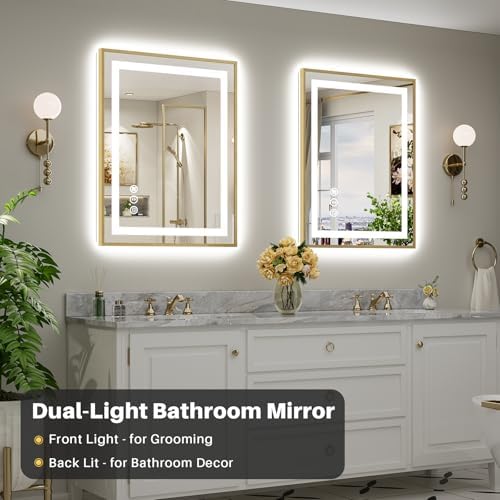 28x36 Inch LED Bathroom Mirror with Gold Frame, Backlit & Front Lit