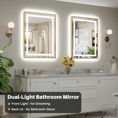 28x36 Inch LED Bathroom Mirror with Gold Frame, Backlit & Front Lit
