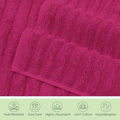 Elegant Comfort Luxury 100% Turkish Cotton Corduroy Ribbed 4 Pack Hand Towel Set 16 x 28 Inch - Absorbent, Super Soft, Quick Dry, Premium Towels for Bathroom, Gym, Spa and Hotel Use, Hot Pink