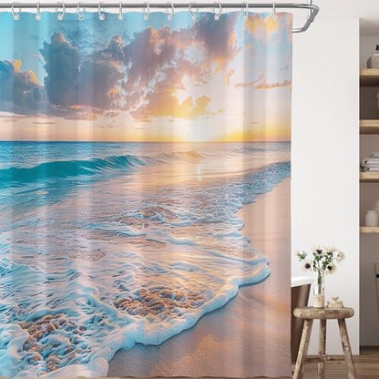 Extra Long Ocean Beach Coastal Seaside Nautical Shower Curtain for Bathroom 72W*84H Inch Summer Sunset Seacoast Beachy Waves Seascape Nature Cool Bathtub Decor Waterproof Polyester Fabric Set