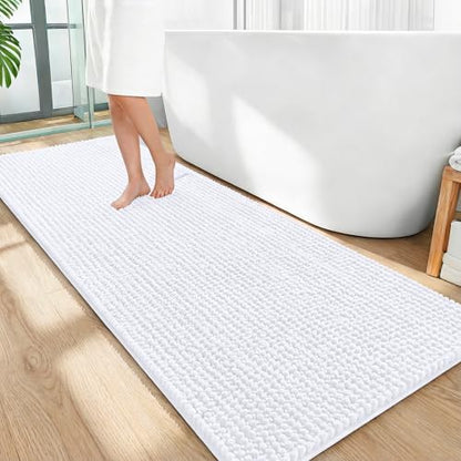 OLANLY Thick Chenille Bathroom Runner Rugs 59x24, Absorbent Bath Mat, White