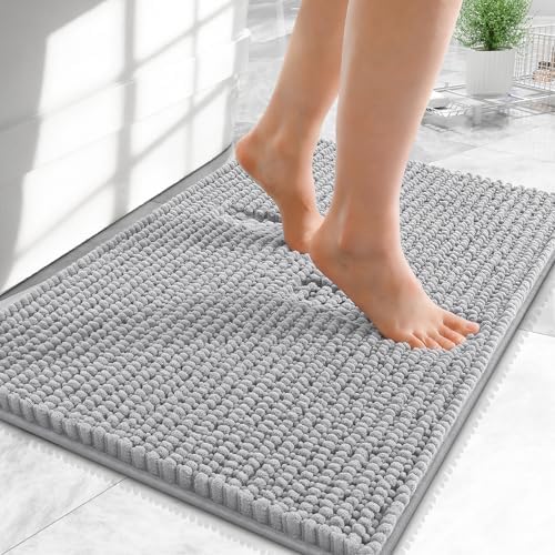 OLANLY Thick Chenille Small Bathroom Rugs Mats 24x16, Light Grey