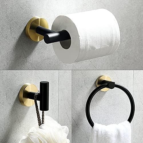 4 Piece Stainless Steel Matte Black and Brushed Gold Bathroom Hardware Set Include Hand Towel Ring Holder, Toilet Paper Holder,and 2 Robe Towel Hooks,Bathroom Accessories Kit