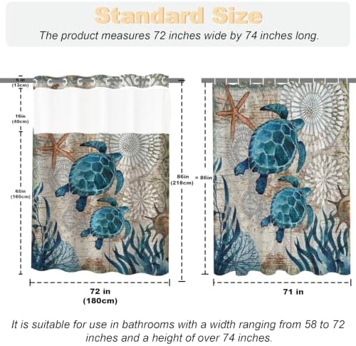 Beach Ocean Coastal Sea Turtles Theme No Hook Waffle Weave Shower Curtain with Snap in Liner Cute Tropical Nautical Bathroom Blue Ocean Decor Set 72 W x 86 H Inch Green and Teal