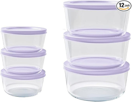 12-Piece Glass Food Storage Containers Set (6 Containers + 6 BPA-Free Lids) | 2-Cup & 4-Cup, Leakproof | Microwave, Freezer, Oven & Dishwasher Safe | Ideal for Meal Prep & Pantry Organization, Purple