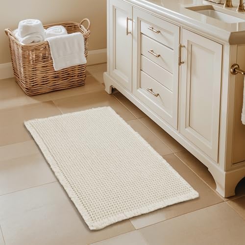 SUBRTEX Waffle Braided Bath Mat, 16" x 24" Soft Waffle Bath Rugs, Absorbent Non Slip Bathrooom Mats, Machine Washable Area Rug for Bathroom, Quick Dry, Off White