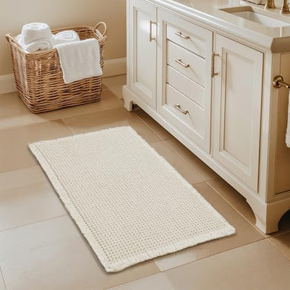 SUBRTEX Waffle Braided Bath Mat, 24" x 36" Soft Waffle Bath Rugs, Absorbent Non Slip Bathrooom Mats, Machine Washable Area Rug for Bathroom, Quick Dry, White