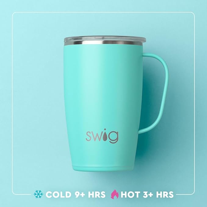 Swig Life 18oz Travel Mug, Insulated Tumbler with Handle and Lid, Cup Holder Friendly, Dishwasher Safe, Stainless Steel, Travel Coffee Cup (Oh Happy Day)
