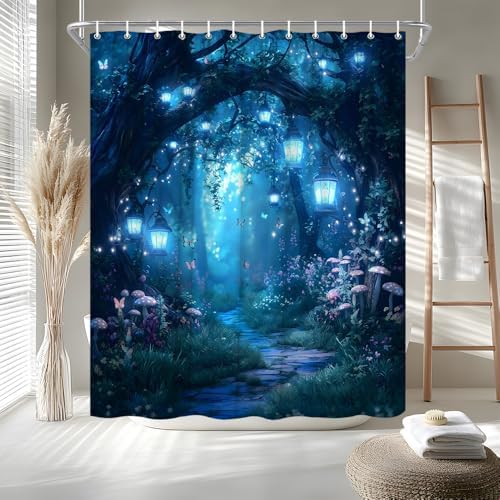 Fantasy Forest Path Shower Curtain Blue Fairy Magical Enchanted Misty Jungle Mushroom Floral Tree Butterfly Lantern Wonderland Bath Curtain Fabric Bathroom Accessories Decor with Hooks 60W x70L