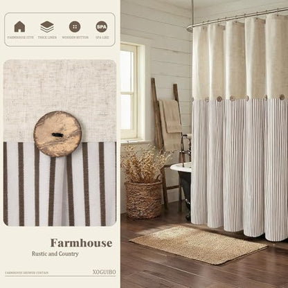Farmhouse Shower Curtain Linen Beige Button Brown Stripe 72"W x 72"L