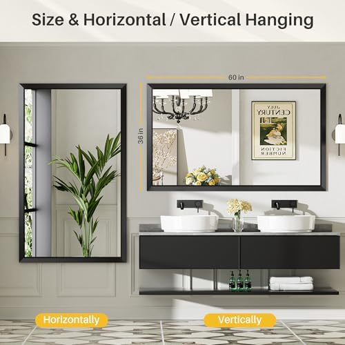 Briivue Black Metal Framed Bathroom Wall Mirror, 60x36 Inch