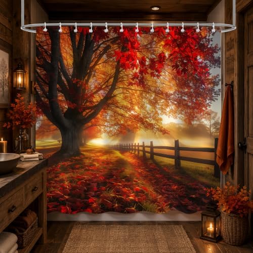 Red Maple Forest Shower Curtain, 60 x 72 Inch Waterproof Polyester Fall Landscape Bathroom Curtain, Autumn Tree Sunrise Woodland Bath Curtain for Tub Decor