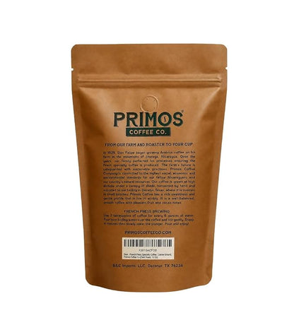 Primos French Press Coffee, Smooth Arabica, Dark Roast, Coarse Grind | Coarsely ground for balance without bitterness; bold low acid flavor, fruit & cacao notes; from our Nicaraguan family farm
