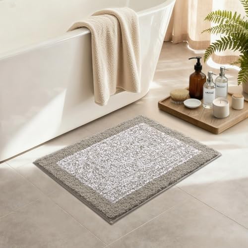 Bathroom Rugs 24x17 Non Slip Washable, Soft Absorbent Bath Mat Greige