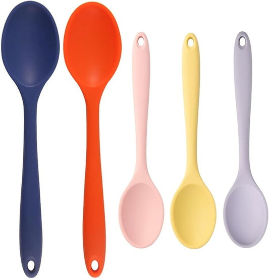 Silicone Spoons Set of 5,Mixing Spoons for cooking,Heat Resistant Spoons, Mixing Spoons for Kitchen Cooking Baking Stirring Mixing Tools (2pcs Large & 3pcs small)