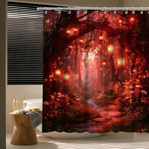 Fantasy Forest Path Shower Curtain Red Fairy Magical Enchanted Misty Jungle Mushroom Floral Tree Butterfly Lantern Wonderland Bath Curtain Fabric Bathroom Accessories Decor with Hooks 70W x70L