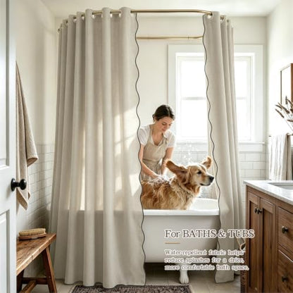 Furlinic No Hook Scalloped Shower Curtain Beige Linen Modern Neutral 72x75