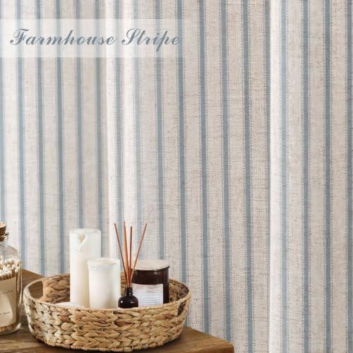 Farmhouse Striped Shower Curtain Heirloom Blue Vintage Linen Curtain 72X72