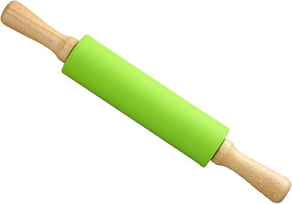 Silicone Rolling Pin, Green 11.4 Inch Pin with Wooden Rotatable Handle for Dough of Baking Bread, Cookie, Pizza (green, 9 inch) (green, 11.4 inch)