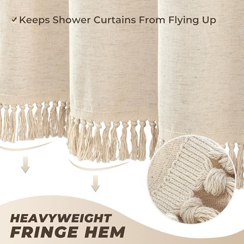 Linen Shower Curtain Boho Beige Shower Curtain with Tassels 60"W x 72"L