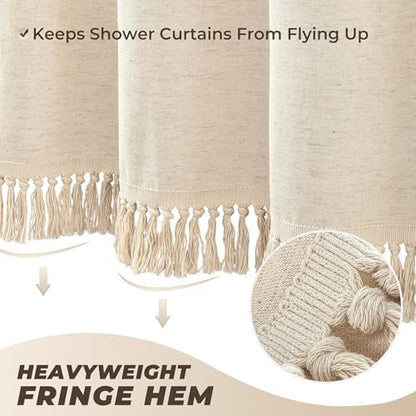 Linen Shower Curtain Boho Beige Shower Curtain with Tassels 60"W x 72"L