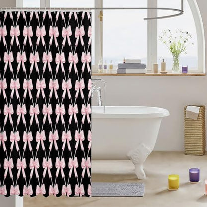 jejeloiu Cute Bow Bathroom Accessories 72"x72" Pink Black Bowknot Shower Curtain for Bathroom Decor Kawaii Girls Bath Curtain Waterproof Polyester Fabric with 12 Hooks for Stalls Bathtubs Princess