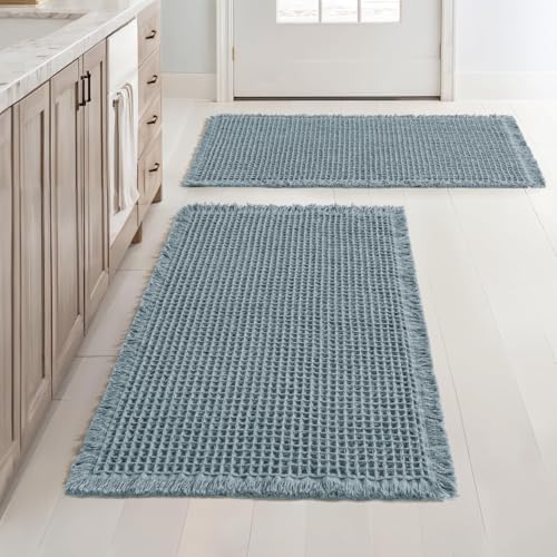 MIULEE Set of 2 Waffle Bathroom Rugs Boho Bath Mat Dusty Blue 18x30 Inch