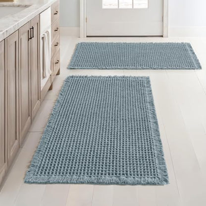 MIULEE Set of 2 Waffle Bathroom Rugs Boho Bath Mat Dusty Blue 18x30 Inch