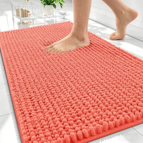 OLANLY Thick Chenille Bathroom Rugs 34x21, Soft Absorbent Bath Mat, Coral