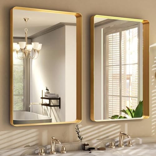 Easly 36 x 24 Inch Gold Bathroom Mirror for Wall,Aluminum Alloy Frame Rectangular Wall Mounted Mirror for Farmhouse Decor Horizontal or Vertical Ideal for Bedroom, Living Room