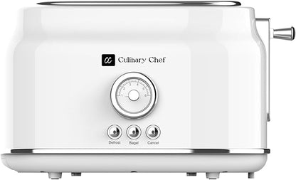 CULINARY CHEF, 2 Slice Toaster, Retro Style, Wide Slot for Bread, English Muffins, Croissants, and Bagels, 6 Adjustable Toast Settings, Cancel and Defrost, 900w, White