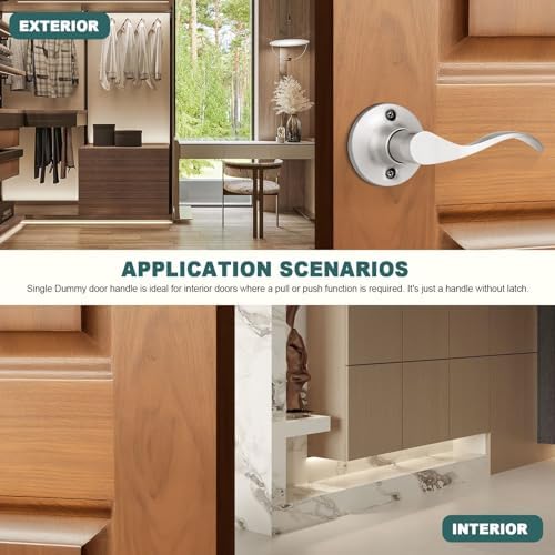 GOBEKOR 6 Pack Half Dummy Door Handles Satin Nickel Right-Handed Levers Interior Non-Turning Door Lever Wave Dummy Lever Closet Door Handle