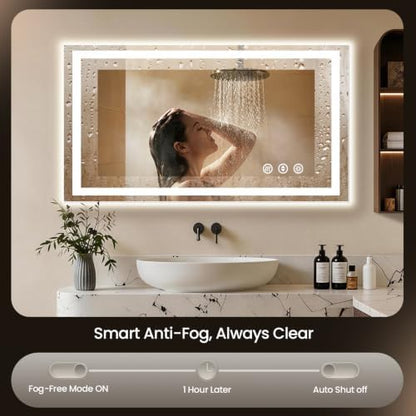 48"x30" LED Bathroom Mirror with Anti-Fog, Backlit & Front Lights, Memory