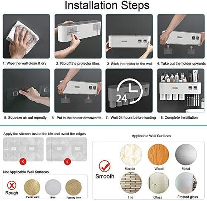 Toothbrush Holders Wall Mounted, Toothbrush Holder with Automatic Toothpaste Dispensers, 6 Brush Slots, 3 Magnetic Cups,1 Cosmetic Drawer Organizer and 1 Large Storage Tray