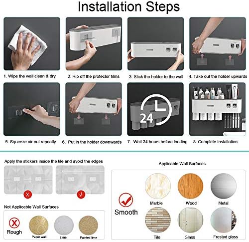Toothbrush Holders Wall Mounted, Toothbrush Holder with Automatic Toothpaste Dispensers, 6 Brush Slots, 3 Magnetic Cups,1 Cosmetic Drawer Organizer and 1 Large Storage Tray