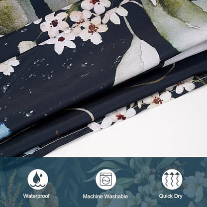 Amaredom Black Floral Shower Curtain with 12 Metal Hooks, 72x72 Inches