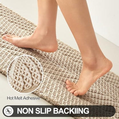 Sunfly Waffle Runner Rug Bathroom, Boho Bath Mat Super Absorbent & Quick Dry, Non-Slip Washable with Tassels, Ultra Soft Farmhouse Long Bathroom Rug 24"x60" Beige