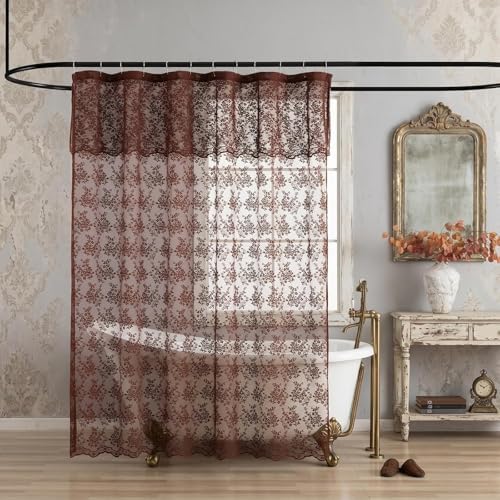 Chocolate Brown Shower Curtain, 72x84, Vintage Lace with Attached Valance
