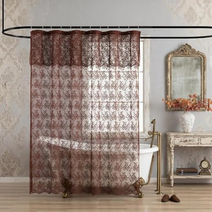 Chocolate Brown Shower Curtain 72x72, Vintage Lace with Attached Valance