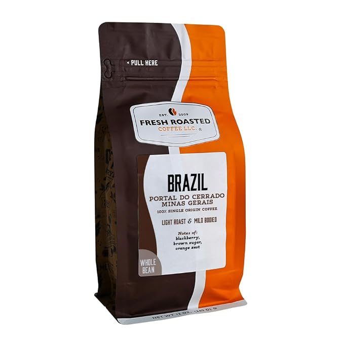 Fresh Roasted Coffee, Brazil Minas Gerais Whole Bean Coffee, Light Roast, Kosher, 12 oz