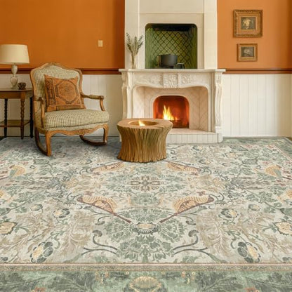 Hazo Haus Washable Living Room Rug 6x9 - Sage Floral Nature Area Rugs for Bedroom, Dining Room Kitchen Table Rug for Under Table, Office, Stain Resistant Non-Slip - Sage Green